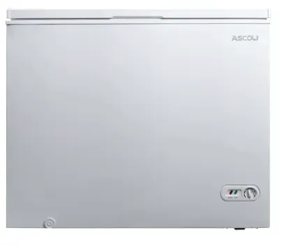 A stainless steel refrigerator freezer with a handle on a white background.