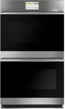 A stainless steel double oven with black glass doors