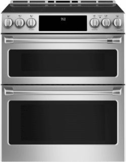 Stainless steel double oven range with black cooktop and controls.