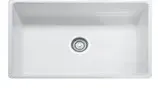 A white kitchen sink with a drain hole in the middle on a white background.
