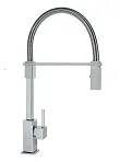 A kitchen faucet with a hose attached to it on a white background.