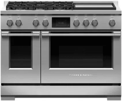 A stainless steel stove top oven with a digital display.