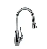 A close up of a kitchen faucet on a white background.