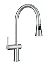 A close up of a stainless steel kitchen faucet on a white background.