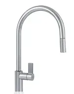 A stainless steel kitchen faucet with a pull out sprayer on a white background.