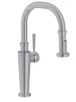A close up of a kitchen sink faucet on a white background.