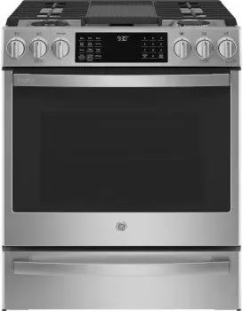 A stainless steel stove with a black door and a digital display.