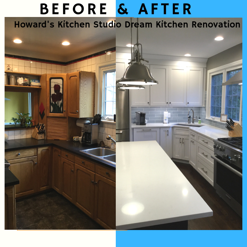 A before and after photo of howard 's kitchen studio dream kitchen renovation