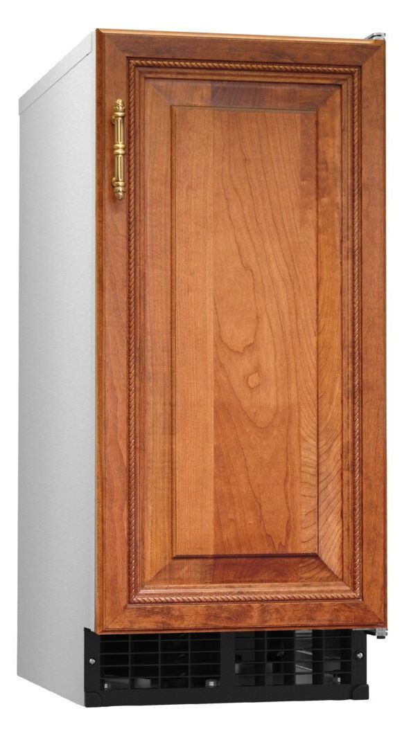 A stainless steel refrigerator freezer with a handle on a white background.