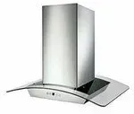 A stainless steel hood with a curved glass base on a white background.
