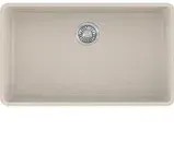 A white kitchen sink with a drain hole in the middle on a white background.