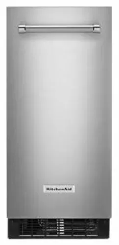 A stainless steel refrigerator freezer with a handle on a white background.