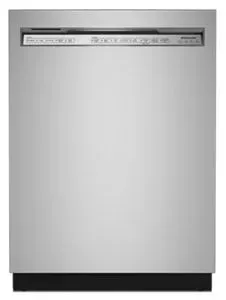 A stainless steel refrigerator freezer with a handle on a white background.