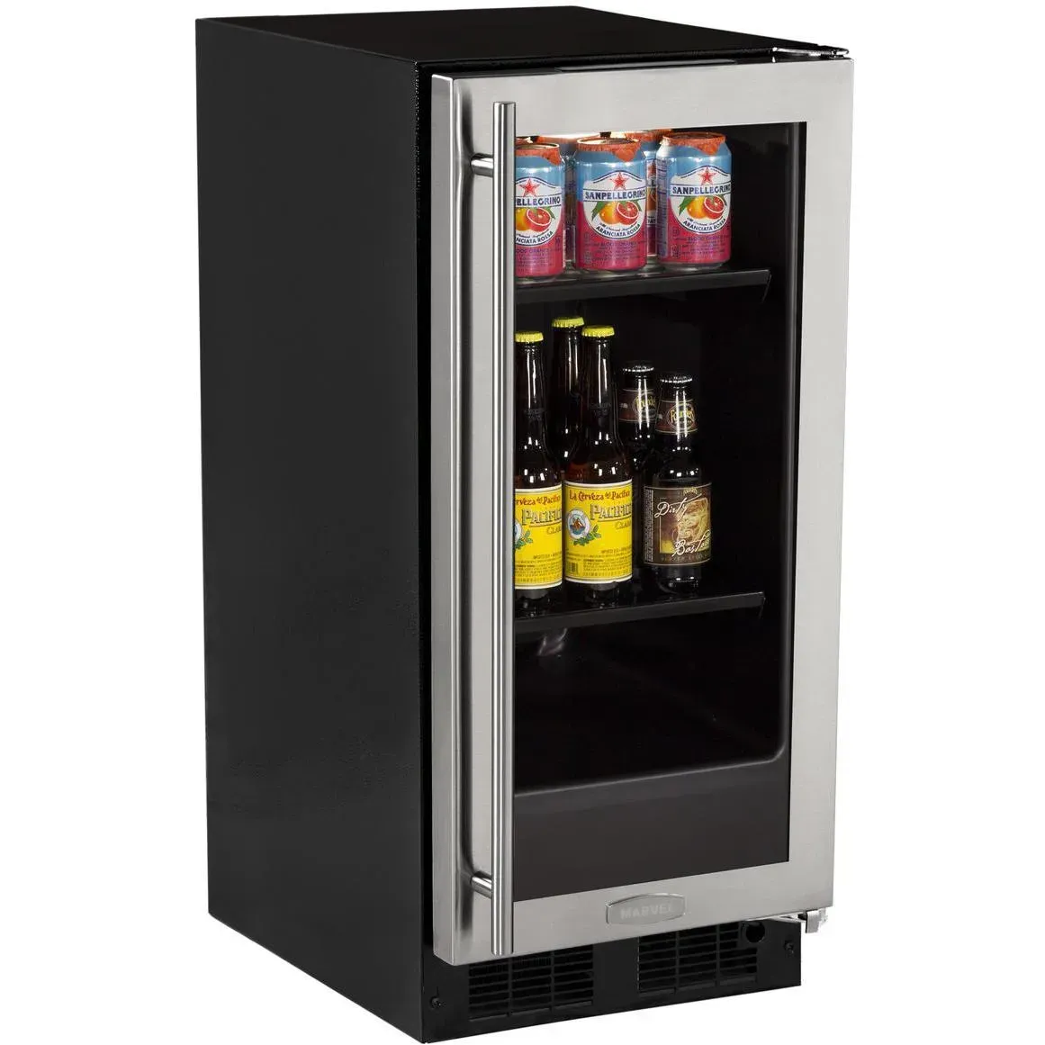 A stainless steel refrigerator freezer with a handle on a white background.