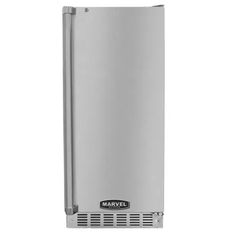 A stainless steel refrigerator freezer with a handle on a white background.
