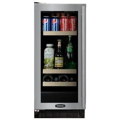 A stainless steel refrigerator freezer with a handle on a white background.