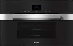Black built-in Miele microwave oven with stainless steel trim and digital display.
