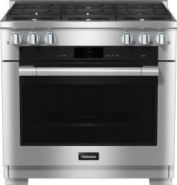 Stainless steel Miele gas range with six burners and oven.