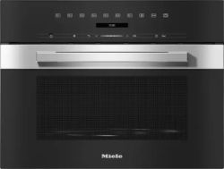 Black built-in Miele microwave oven with stainless steel accents and control panel at the top.