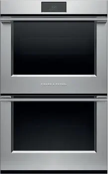 A stainless steel double oven with a black door