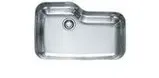 A stainless steel sink with a hole in the middle on a white background.