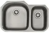 A stainless steel kitchen sink with two bowls on a white background.