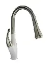 A kitchen faucet with a hand shaped handle on a white background.