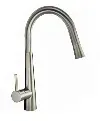 A stainless steel kitchen faucet with a pull out sprayer on a white background.
