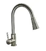 A stainless steel kitchen faucet with a pull out sprayer on a white background.