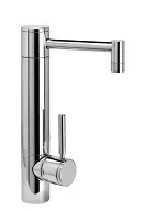A close up of a chrome kitchen faucet on a white background.