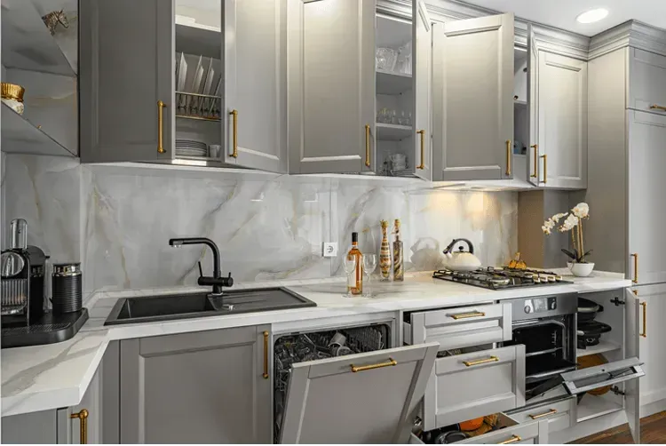 A kitchen with a large island and stools