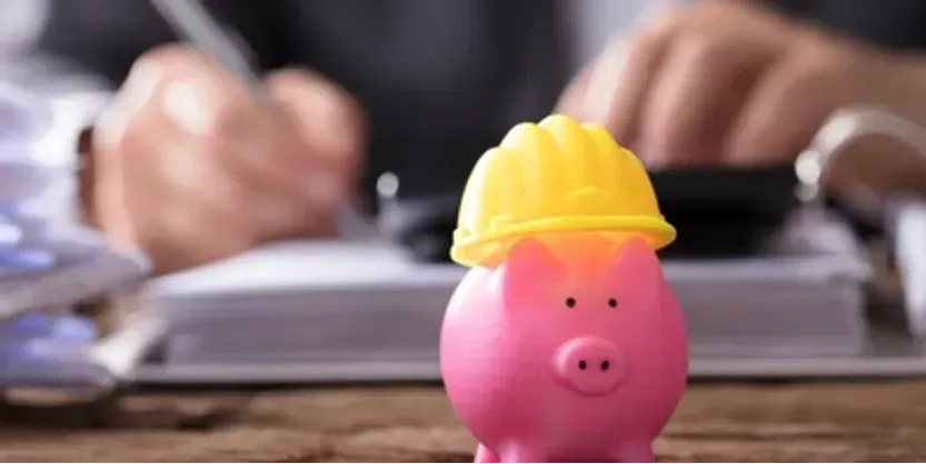 A pink piggy bank wearing a yellow hard hat is sitting on a wooden table.
