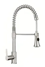 A stainless steel kitchen faucet with a hose attached to it on a white background.