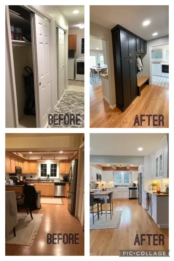 A before and after photo of a kitchen remodel.