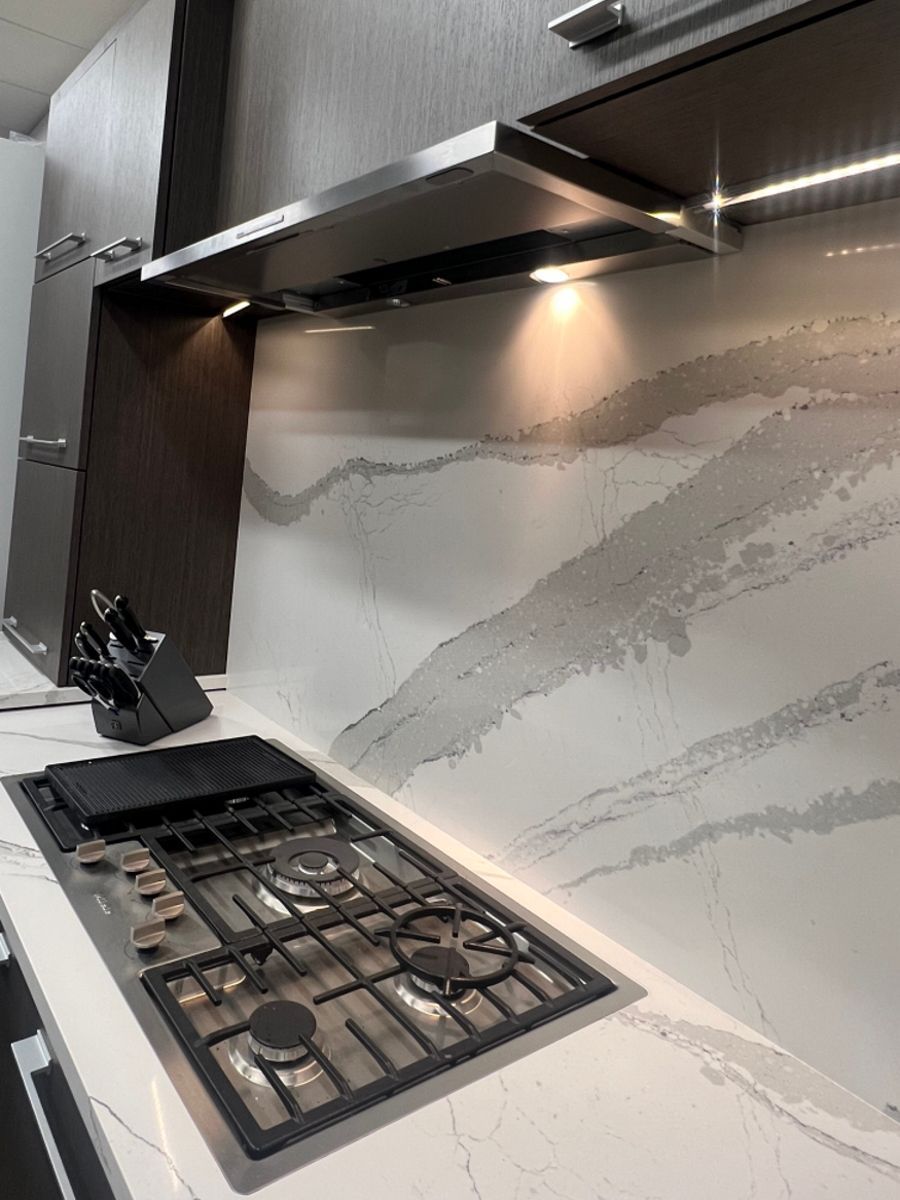 A stove top oven is sitting on top of a counter in a kitchen.
