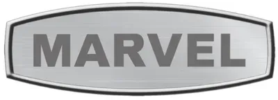 A silver marvel logo on a white background.