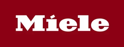 A red background with the word miele in white letters