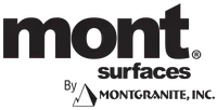 A black and white logo for mont surfaces by mont granite inc.