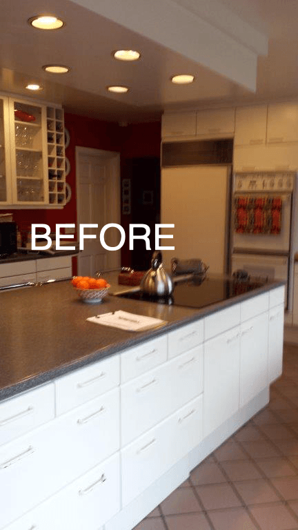 A before picture of a kitchen with white cabinets