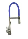 A kitchen faucet with a blue hose on a white background.