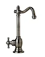 A close up of a faucet on a white background.