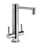 A close up of a chrome kitchen faucet on a white background.