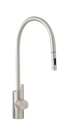 A stainless steel soap dispenser with a curved handle on a white background.