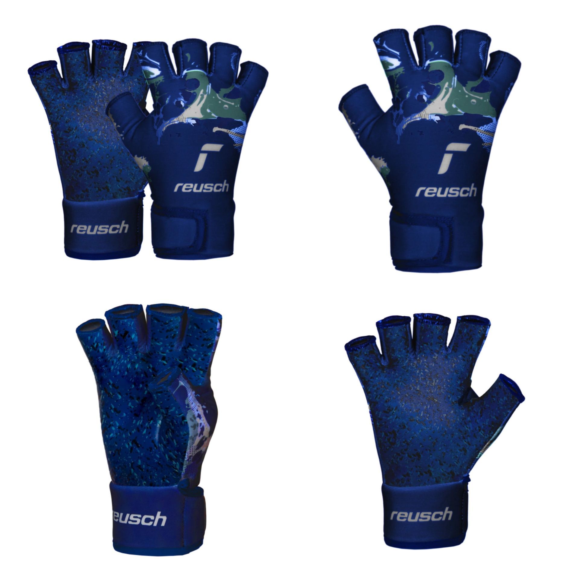 Cuatro guantes de portero sin dedos de color azul, marca Reusch, con palmas estampadas.