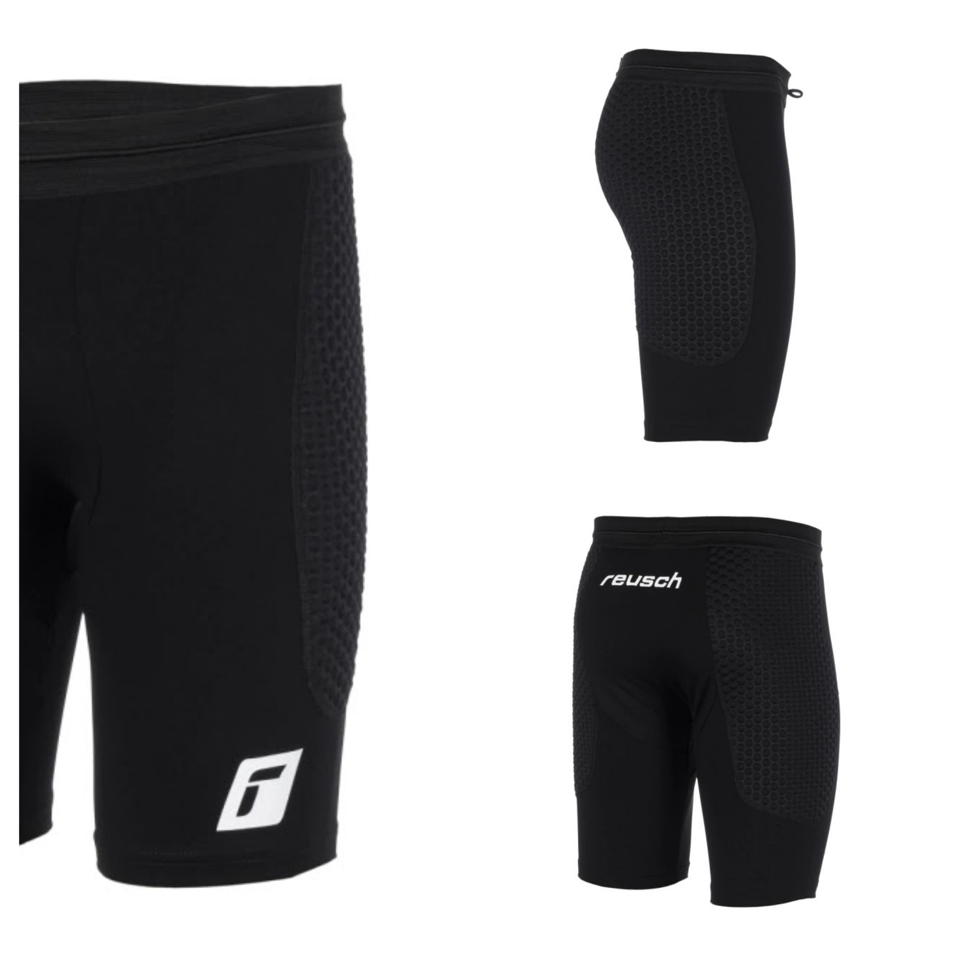 Shorts de compresión negros con estampado texturizado y logo blanco.