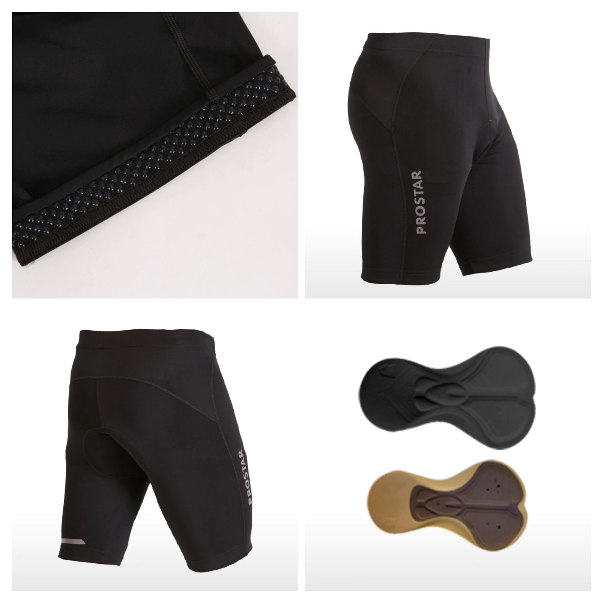 Pantalón corto de ciclismo negro con badana, que muestra detalles como pinzas en las piernas y la marca 