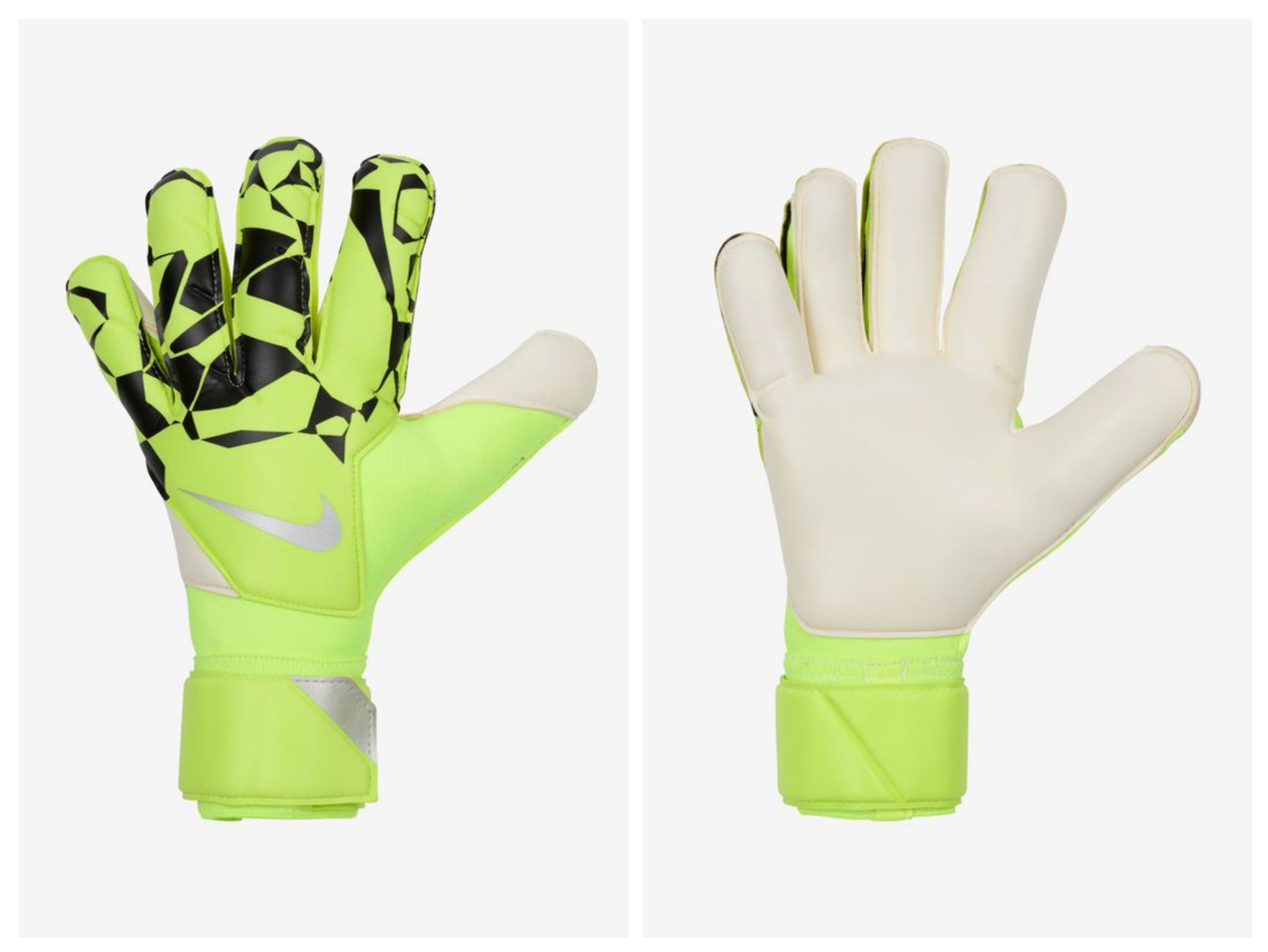 Dos guantes de portero de color verde lima y crema, uno con la palma hacia arriba y otro con la palma hacia abajo.