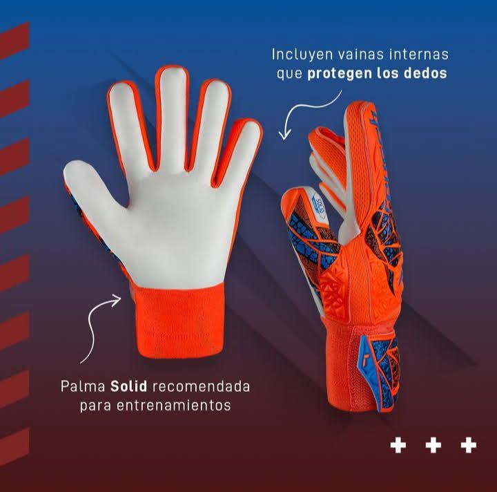 Guantes de portero junior Reusch Attrakt Starter en color naranja y blanco, diseño azul y naranja.