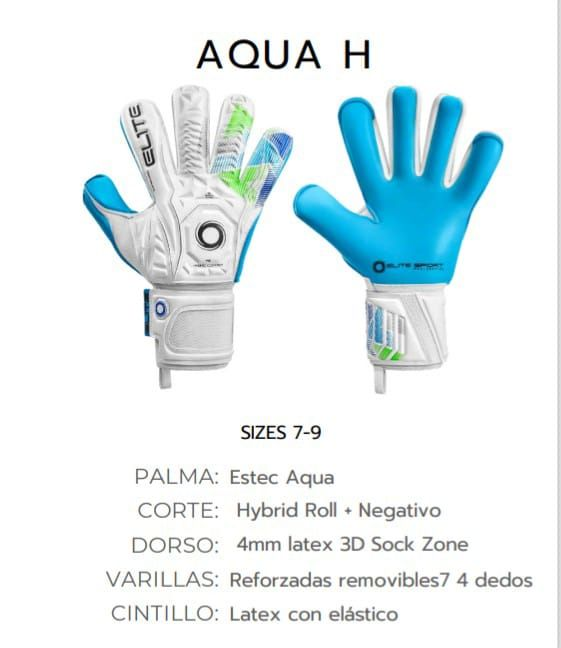 Par de guantes de portero Elite Aqua H azules y blancos, tallas 7-9, con descripciones de texto.