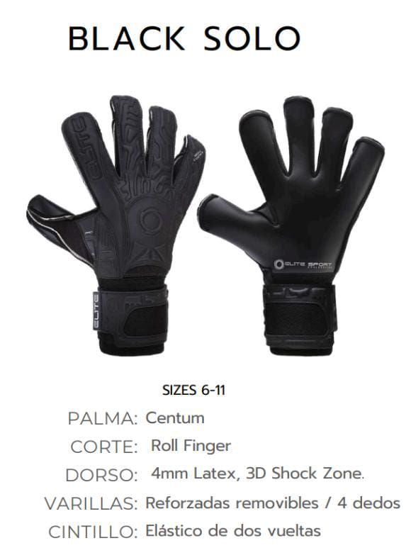 Guantes de portero de fútbol negros con detalles del producto: palma Centum, corte de dedos enrollados, tallas 6-11.